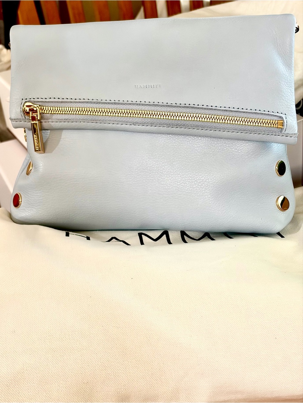 Hammitt VIP Medium Crossbody/Clutch Bag In Hazy Blue With Shiny Gd Hardware NWT